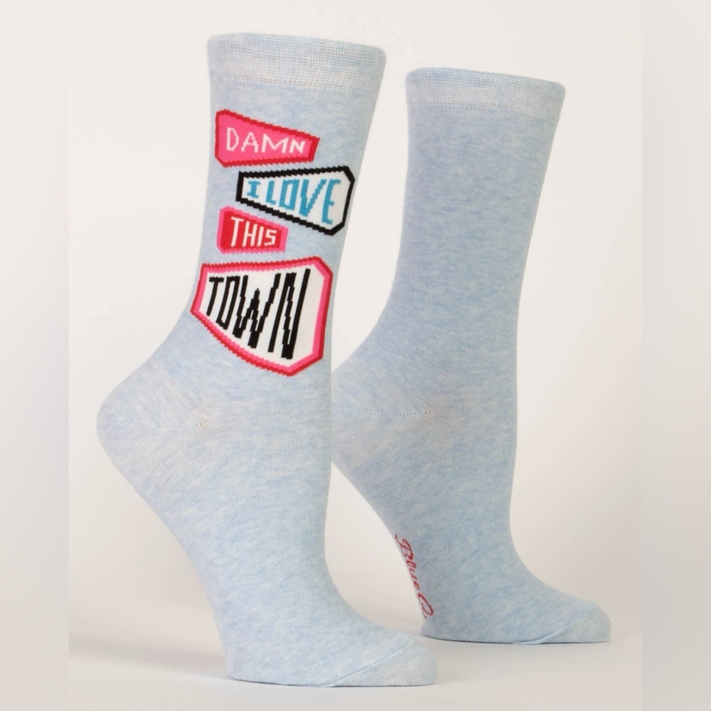 Light Blue - Damn I Love This Town - Women’s Crew Socks By Blue Q Fits 5-10 NWT